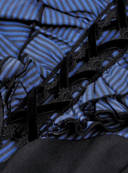 Gothic Style Elegant Lace Ruffled Stand Collar Velvet Strap Blue And Black Spliced Retro Puff Sleeves Slim Dress