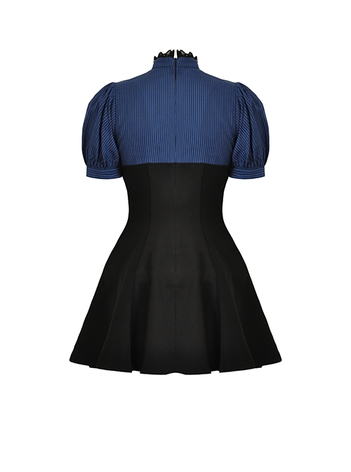 Gothic Style Elegant Lace Ruffled Stand Collar Velvet Strap Blue And Black Spliced Retro Puff Sleeves Slim Dress