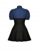 Gothic Style Elegant Lace Ruffled Stand Collar Velvet Strap Blue And Black Spliced Retro Puff Sleeves Slim Dress