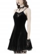 Gothic Style Luxury Velvet Sexy Hollow Metal Cross Decorated Unique Embroidered Bat Black Suspender Dress