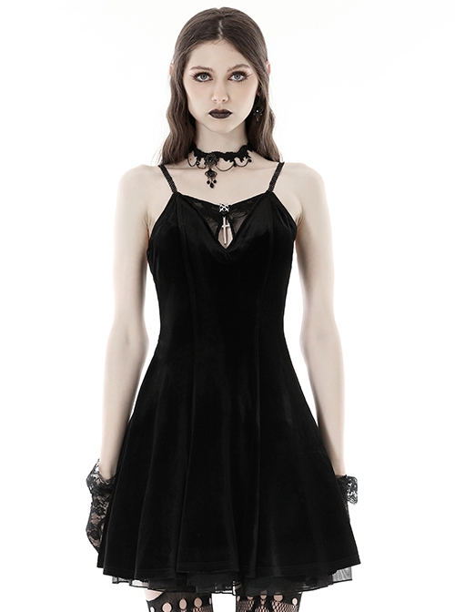 Gothic Style Luxury Velvet Sexy Hollow Metal Cross Decorated Unique Embroidered Bat Black Suspender Dress