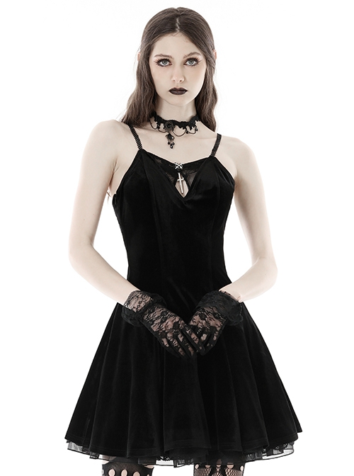 Gothic Style Luxury Velvet Sexy Hollow Metal Cross Decorated Unique Embroidered Bat Black Suspender Dress