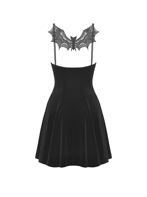 Gothic Style Luxury Velvet Sexy Hollow Metal Cross Decorated Unique Embroidered Bat Black Suspender Dress