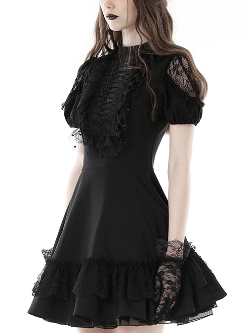 Gothic Style Elegant Stand Collar Retro Gorgeous Lace Sexy Hollow Black Puff Short Sleeves Slim Dress
