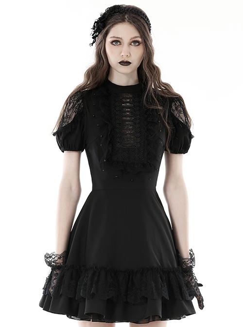 Gothic Style Elegant Stand Collar Retro Gorgeous Lace Sexy Hollow Black Puff Short Sleeves Slim Dress