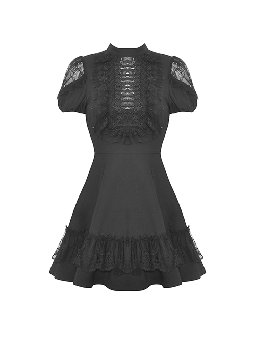 Gothic Style Elegant Stand Collar Retro Gorgeous Lace Sexy Hollow Black Puff Short Sleeves Slim Dress