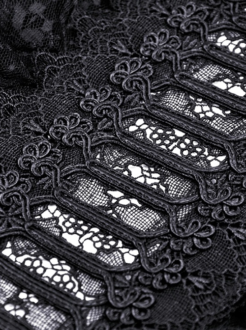Gothic Style Elegant Stand Collar Retro Gorgeous Lace Sexy Hollow Black Puff Short Sleeves Slim Dress