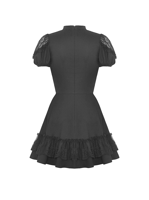 Gothic Style Elegant Stand Collar Retro Gorgeous Lace Sexy Hollow Black Puff Short Sleeves Slim Dress