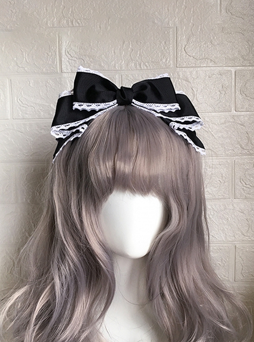 Japanese Style Soft Girl Black White Tea Party Sweet Lolita Texture Ribbon Large Bowknot Hairpin