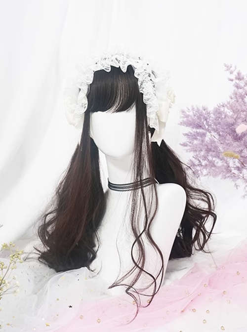 Japanese Gentleness Natural Black Brown Cute Flat Bangs Big Waves Long Curly Hair Classic Lolita Full Head Wig