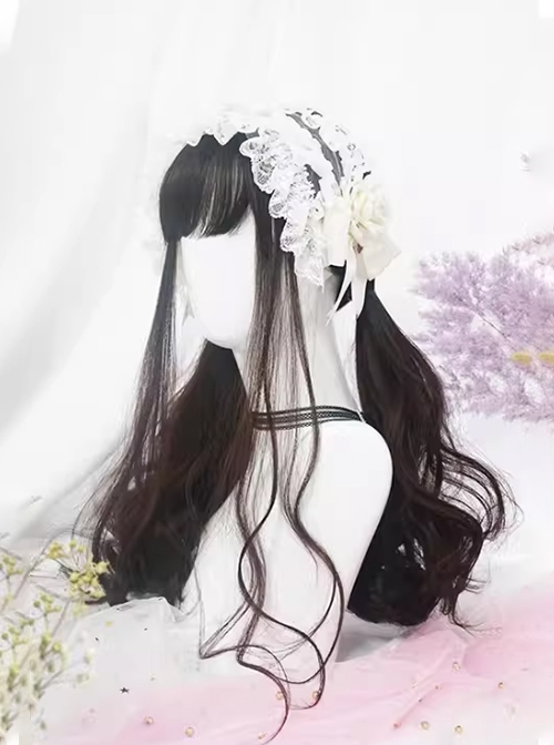 Japanese Gentleness Natural Black Brown Cute Flat Bangs Big Waves Long Curly Hair Classic Lolita Full Head Wig