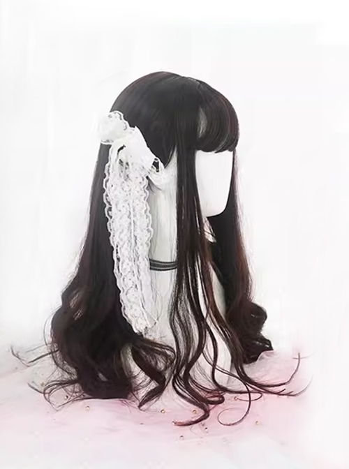 Japanese Gentleness Natural Black Brown Cute Flat Bangs Big Waves Long Curly Hair Classic Lolita Full Head Wig