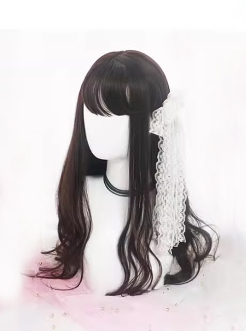 Japanese Gentleness Natural Black Brown Cute Flat Bangs Big Waves Long Curly Hair Classic Lolita Full Head Wig