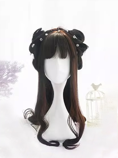 Japanese Gentleness Natural Black Brown Cute Flat Bangs Big Waves Long Curly Hair Classic Lolita Full Head Wig