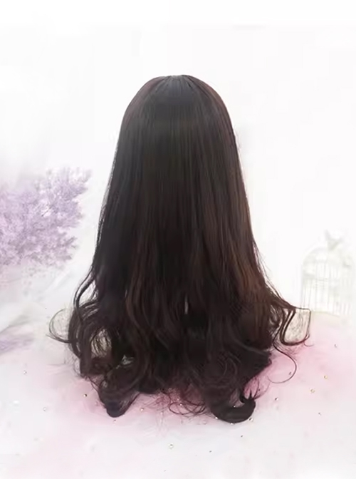 Japanese Gentleness Natural Black Brown Cute Flat Bangs Big Waves Long Curly Hair Classic Lolita Full Head Wig