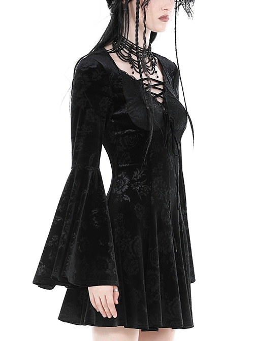 Dark Gothic Style Luxury Rose Dark Pattern Velvet Chest Strap Design Black Trumpet Long Sleeves Short Dress