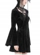 Dark Gothic Style Luxury Rose Dark Pattern Velvet Chest Strap Design Black Trumpet Long Sleeves Short Dress