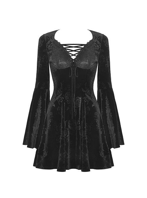 Dark Gothic Style Luxury Rose Dark Pattern Velvet Chest Strap Design Black Trumpet Long Sleeves Short Dress
