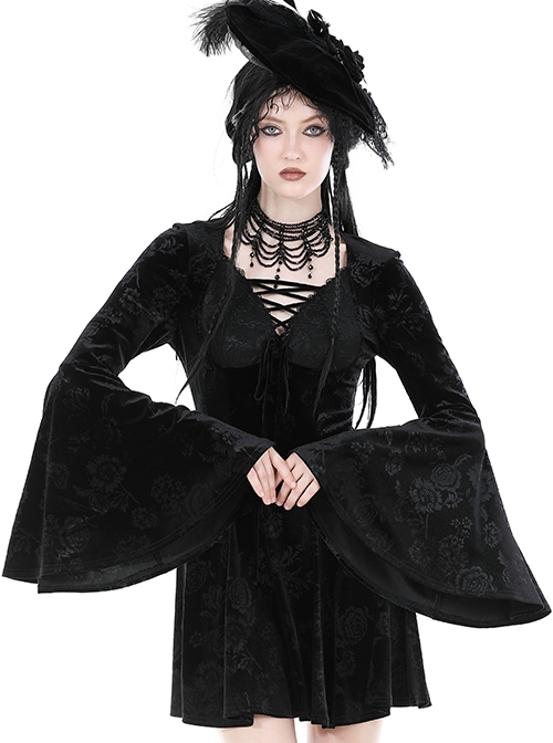 Dark Gothic Style Luxury Rose Dark Pattern Velvet Chest Strap Design Black Trumpet Long Sleeves Short Dress
