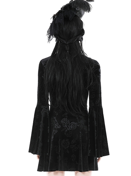 Dark Gothic Style Luxury Rose Dark Pattern Velvet Chest Strap Design Black Trumpet Long Sleeves Short Dress