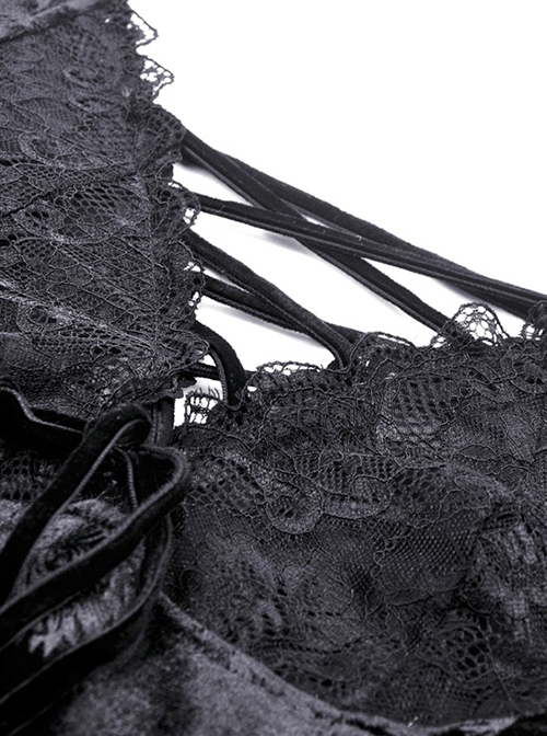 Dark Gothic Style Luxury Rose Dark Pattern Velvet Chest Strap Design Black Trumpet Long Sleeves Short Dress