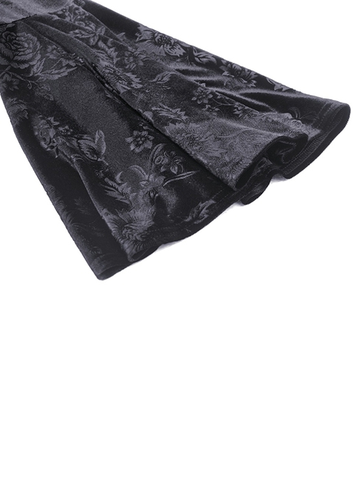 Dark Gothic Style Luxury Rose Dark Pattern Velvet Chest Strap Design Black Trumpet Long Sleeves Short Dress