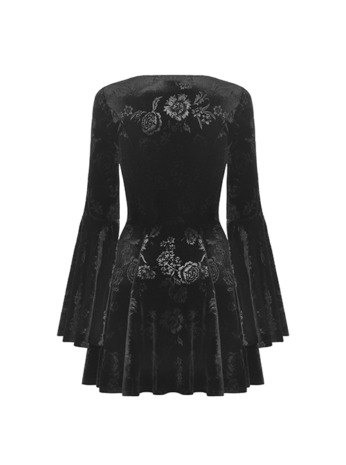 Dark Gothic Style Luxury Rose Dark Pattern Velvet Chest Strap Design Black Trumpet Long Sleeves Short Dress