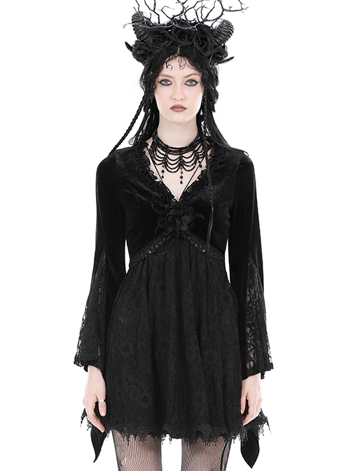 Gothic Style Elegant V Neck Exquisite Rose Lace Spliced Velvet Black Trumpet Long Sleeves Slim Dress