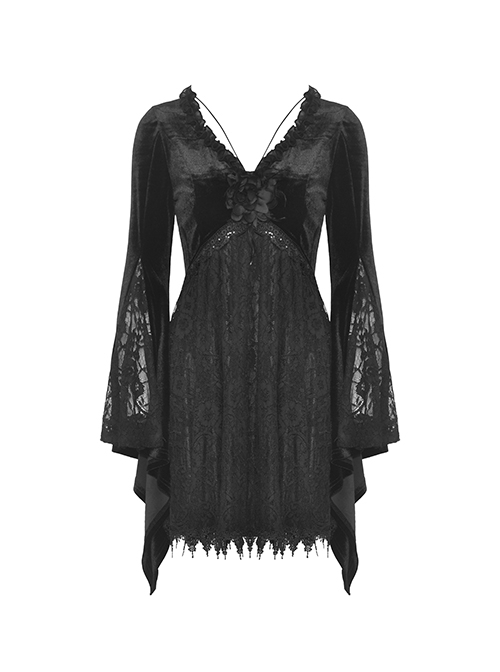 Gothic Style Elegant V Neck Exquisite Rose Lace Spliced Velvet Black Trumpet Long Sleeves Slim Dress