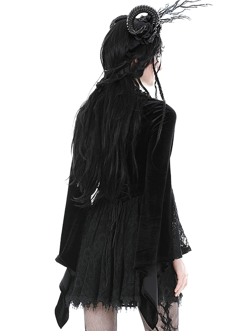 Gothic Style Elegant V Neck Exquisite Rose Lace Spliced Velvet Black Trumpet Long Sleeves Slim Dress