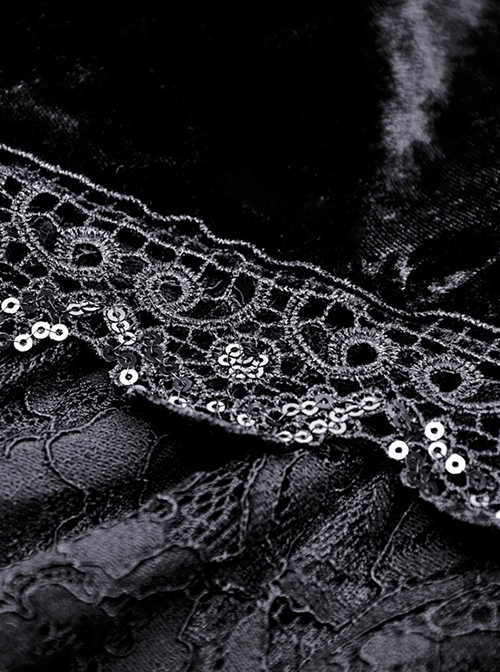 Gothic Style Elegant V Neck Exquisite Rose Lace Spliced Velvet Black Trumpet Long Sleeves Slim Dress