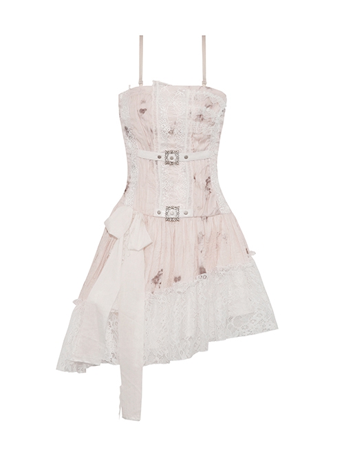 Steampunk Style Exquisite Buckle Asymmetric Hem Design White Dyed Sexy Suspender Tube Top Tight Dress