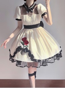 Meet Rose Series Lace Ribbon Bowknot Noble Elegant Satin Stylish Rose Embroidery Classic Lolita  Puff Sleeve Dress