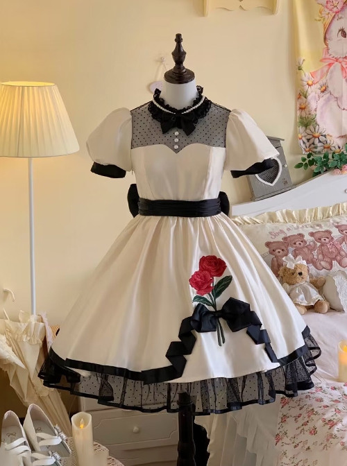 Meet Rose Series Lace Ribbon Bowknot Noble Elegant Satin Stylish Rose Embroidery Classic Lolita  Puff Sleeve Dress