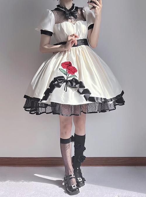 Meet Rose Series Lace Ribbon Bowknot Noble Elegant Satin Stylish Rose Embroidery Classic Lolita  Puff Sleeve Dress