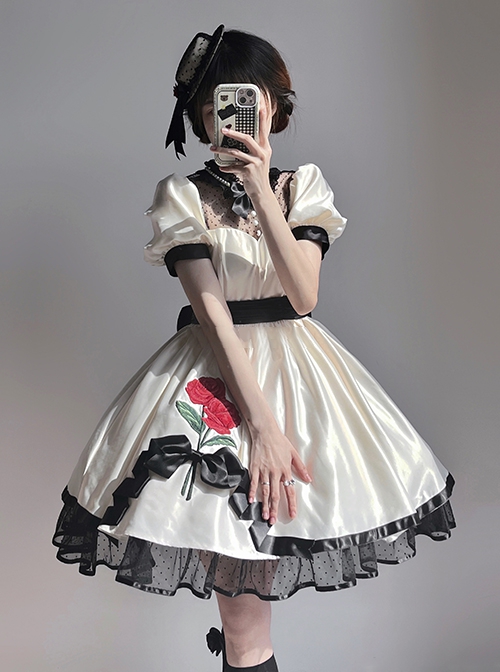 Meet Rose Series Lace Ribbon Bowknot Noble Elegant Satin Stylish Rose Embroidery Classic Lolita  Puff Sleeve Dress