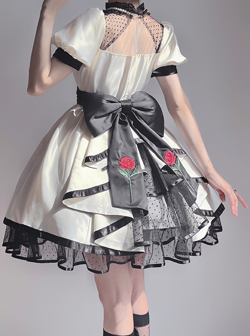 Meet Rose Series Lace Ribbon Bowknot Noble Elegant Satin Stylish Rose Embroidery Classic Lolita  Puff Sleeve Dress