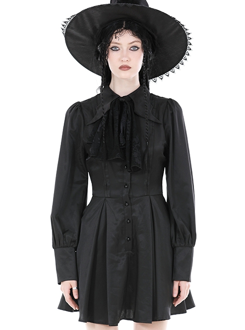 Gothic Style Unique Bat Lapel Elegant Lace Bow Tie With Buttons Simple Black Long Sleeves Slim Dress