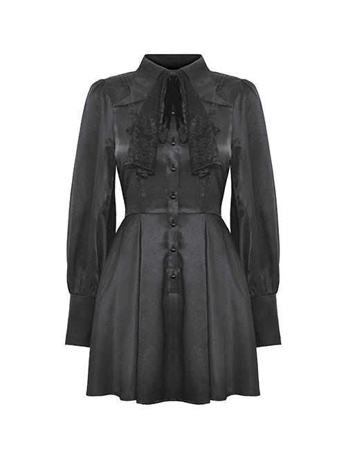Gothic Style Unique Bat Lapel Elegant Lace Bow Tie With Buttons Simple Black Long Sleeves Slim Dress