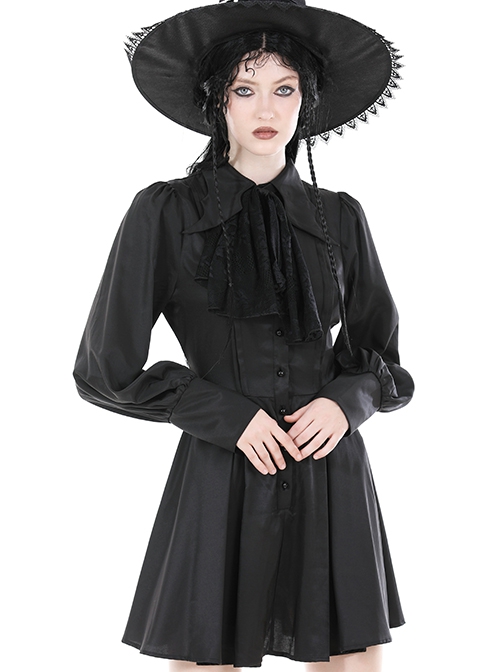 Gothic Style Unique Bat Lapel Elegant Lace Bow Tie With Buttons Simple Black Long Sleeves Slim Dress