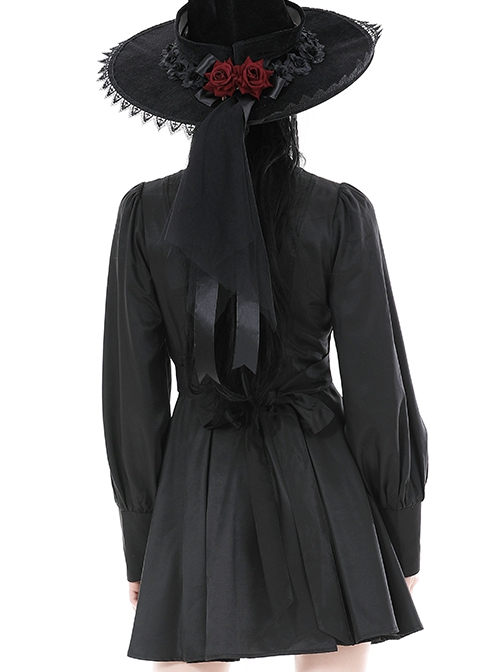 Gothic Style Unique Bat Lapel Elegant Lace Bow Tie With Buttons Simple Black Long Sleeves Slim Dress