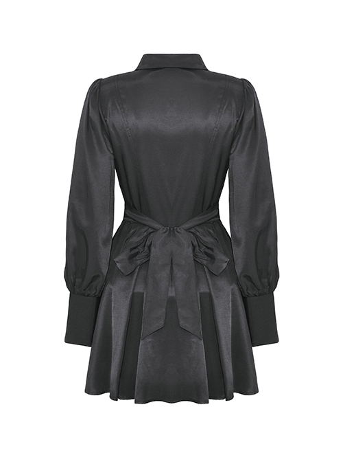 Gothic Style Unique Bat Lapel Elegant Lace Bow Tie With Buttons Simple Black Long Sleeves Slim Dress