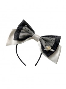 Meet Rose Elegant Exquisite Black White Ribbon Rose Polka Dots Lace Classic Lolita Textural Satin Headband