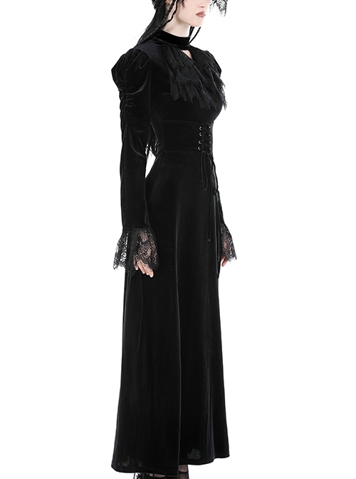 Gothic Style Elegant Stand Collar Gorgeous Velvet Retro Cross Decorated Black Puff Long Sleeves Slim Dress