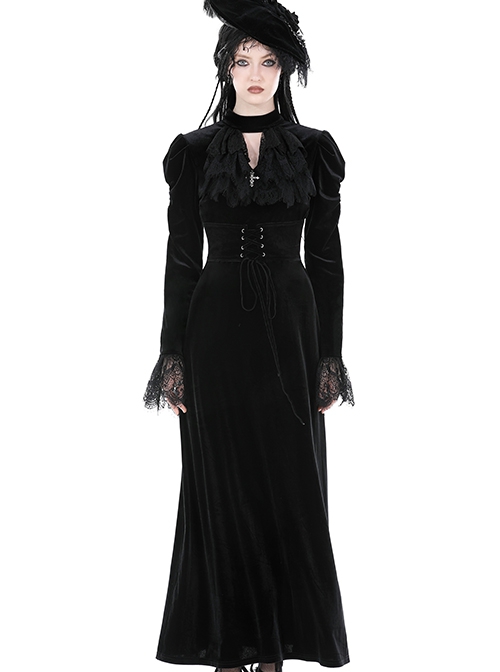 Gothic Style Elegant Stand Collar Gorgeous Velvet Retro Cross Decorated Black Puff Long Sleeves Slim Dress