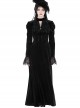 Gothic Style Elegant Stand Collar Gorgeous Velvet Retro Cross Decorated Black Puff Long Sleeves Slim Dress