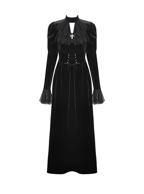 Gothic Style Elegant Stand Collar Gorgeous Velvet Retro Cross Decorated Black Puff Long Sleeves Slim Dress