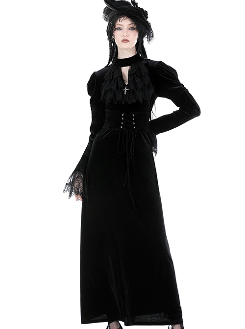 Gothic Style Elegant Stand Collar Gorgeous Velvet Retro Cross Decorated Black Puff Long Sleeves Slim Dress
