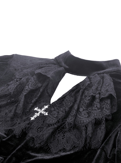 Gothic Style Elegant Stand Collar Gorgeous Velvet Retro Cross Decorated Black Puff Long Sleeves Slim Dress