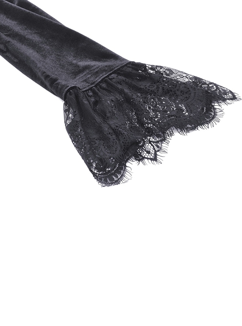 Gothic Style Elegant Stand Collar Gorgeous Velvet Retro Cross Decorated Black Puff Long Sleeves Slim Dress